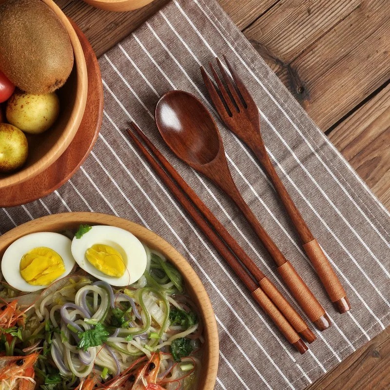 Camping Cooking Dining Set - Drewniany zestaw obiadowy: łyżka, pałeczki, widelec,